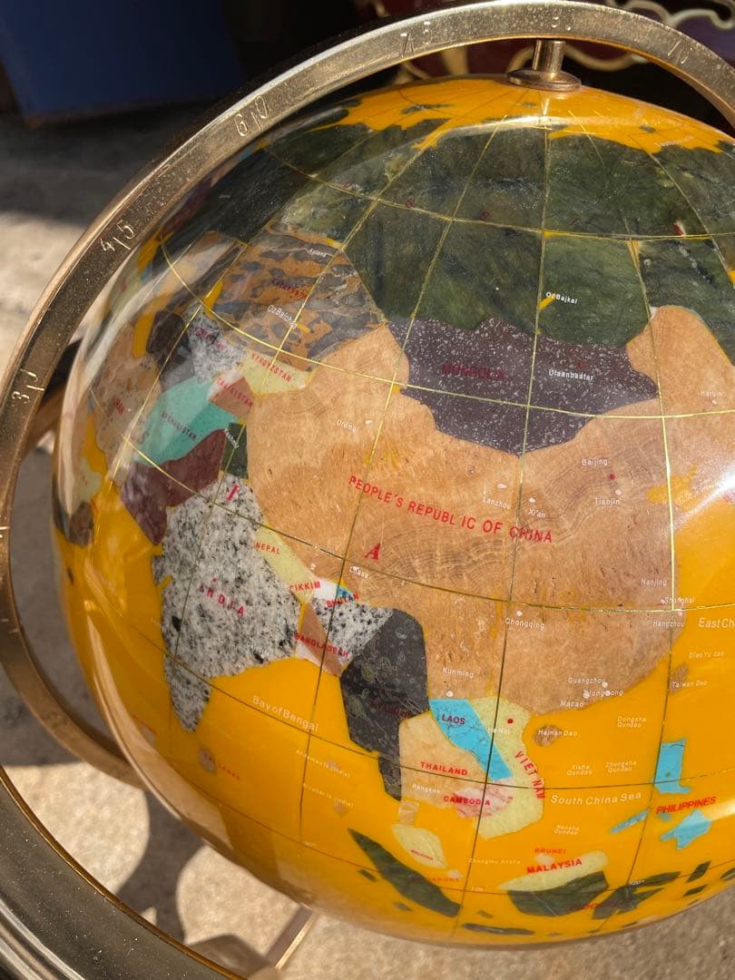 イエロー 黄色 方位磁石付き 天然石 アンティーク 地球儀 インテリア