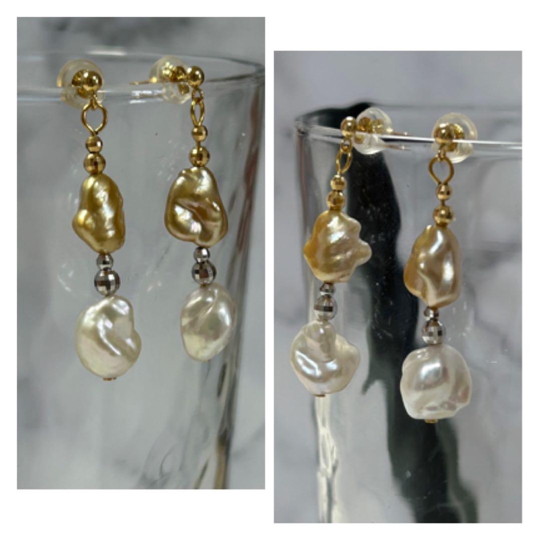 (M0123-1)K18南洋白蝶、南洋ゴールデンケシパールぶら下がりピアス