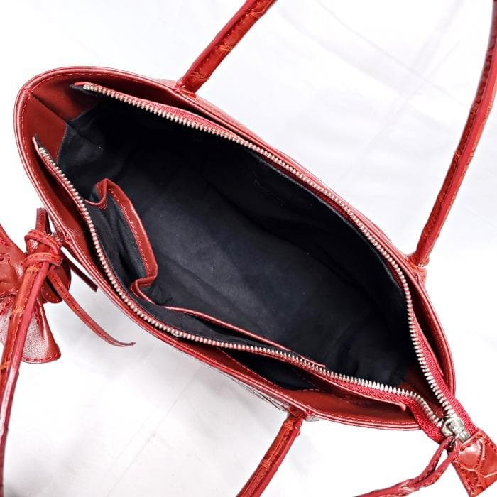 【美品】 BAGFAN クロコ レザー 本革 フラワーモチーフ ハンドバッグ