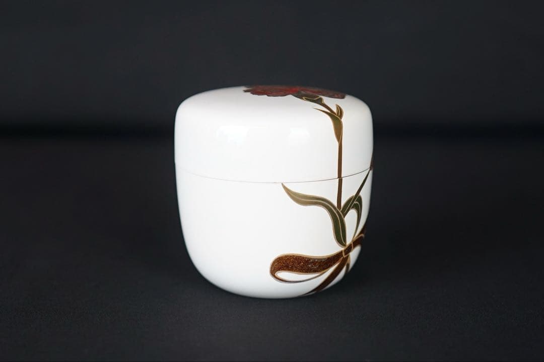 池之浦 大起 作 カーネーション 蒔絵 白漆棗 箱付 茶道具