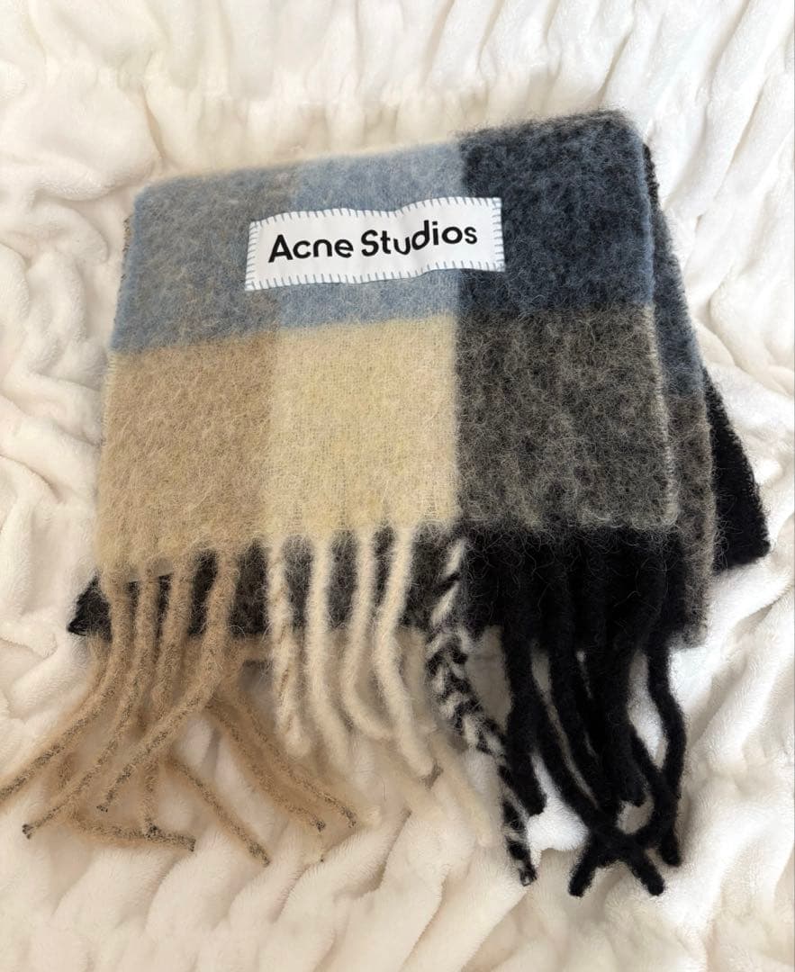 Acne Studios モヘアチェックスカーフ ブルー ベージュ ブラック