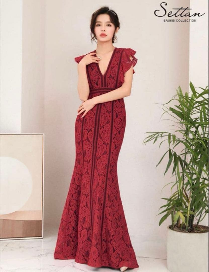 SETTANセッタン/総レースVネックAラインロングワンピースキャバドレス/2赤