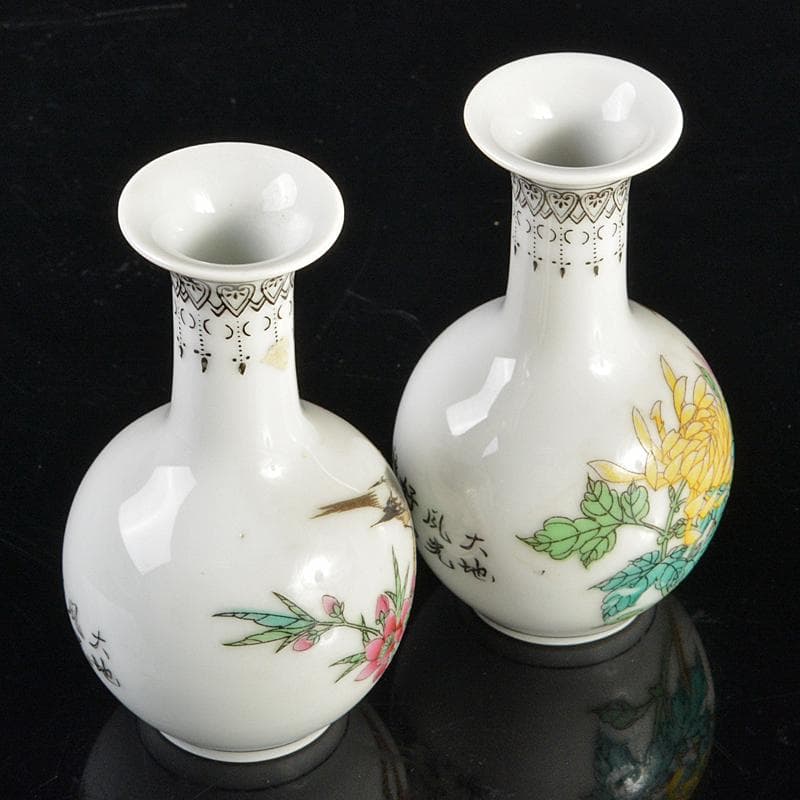 中国　中国景徳鎮製　粉彩　漢詩花鳥文　小瓶　一對　V　R6638