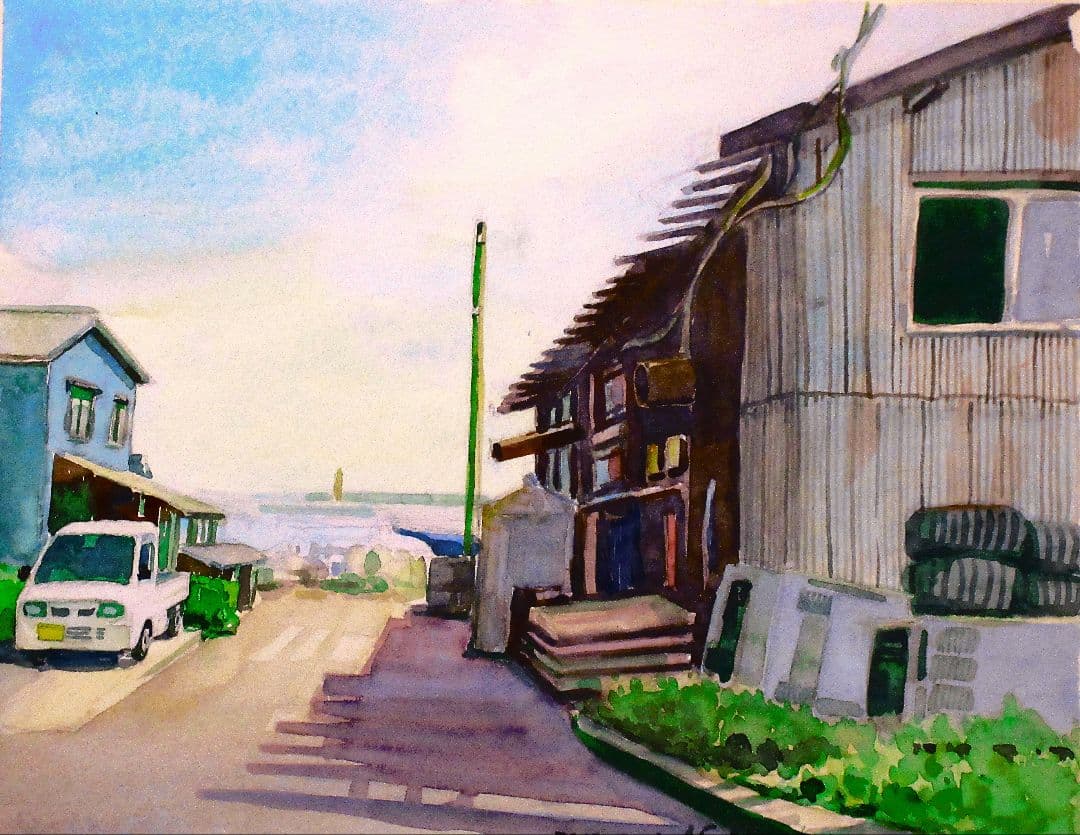 水彩画 漁港の街並 額装済み F6サイズ 原画
