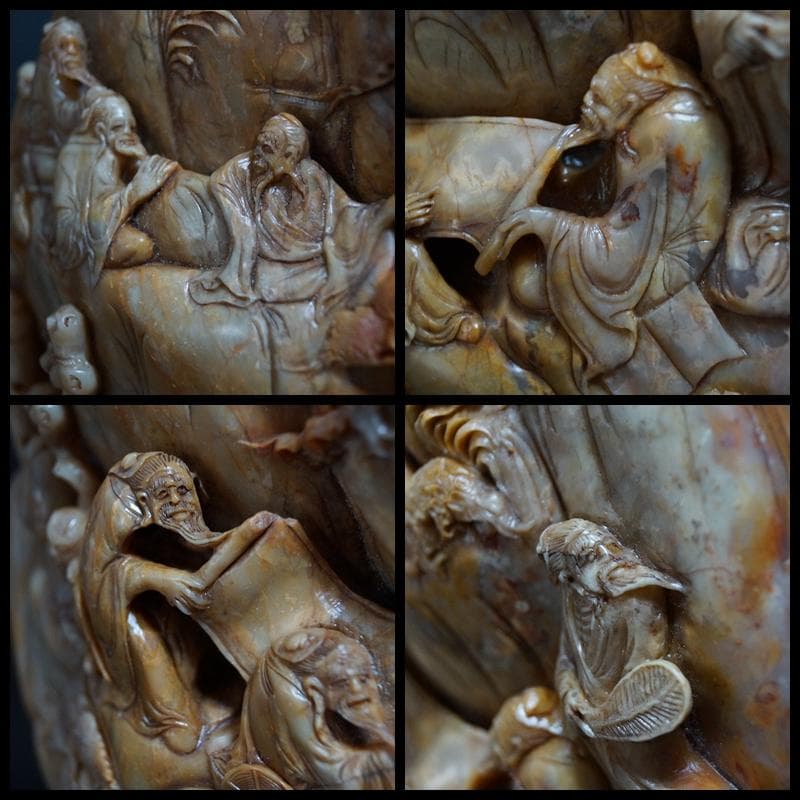 時代物 大型寿山石 高浮彫『祥瑞山水人物図』置物 手彫り擺件中国古賞物 古美術品