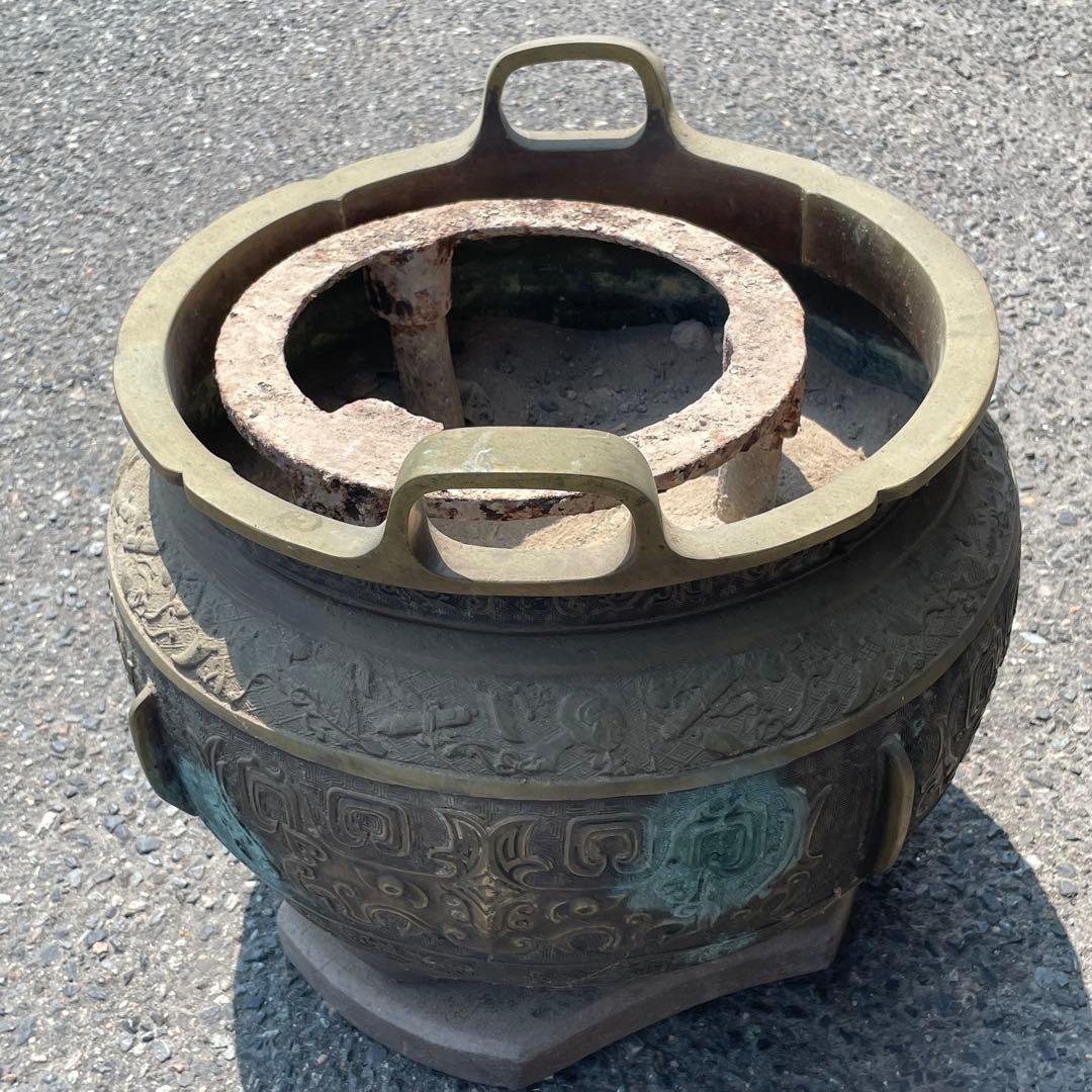 火鉢　銅製　彫刻　年代物　工芸品　骨董品　アンティーク　昭和レトロ