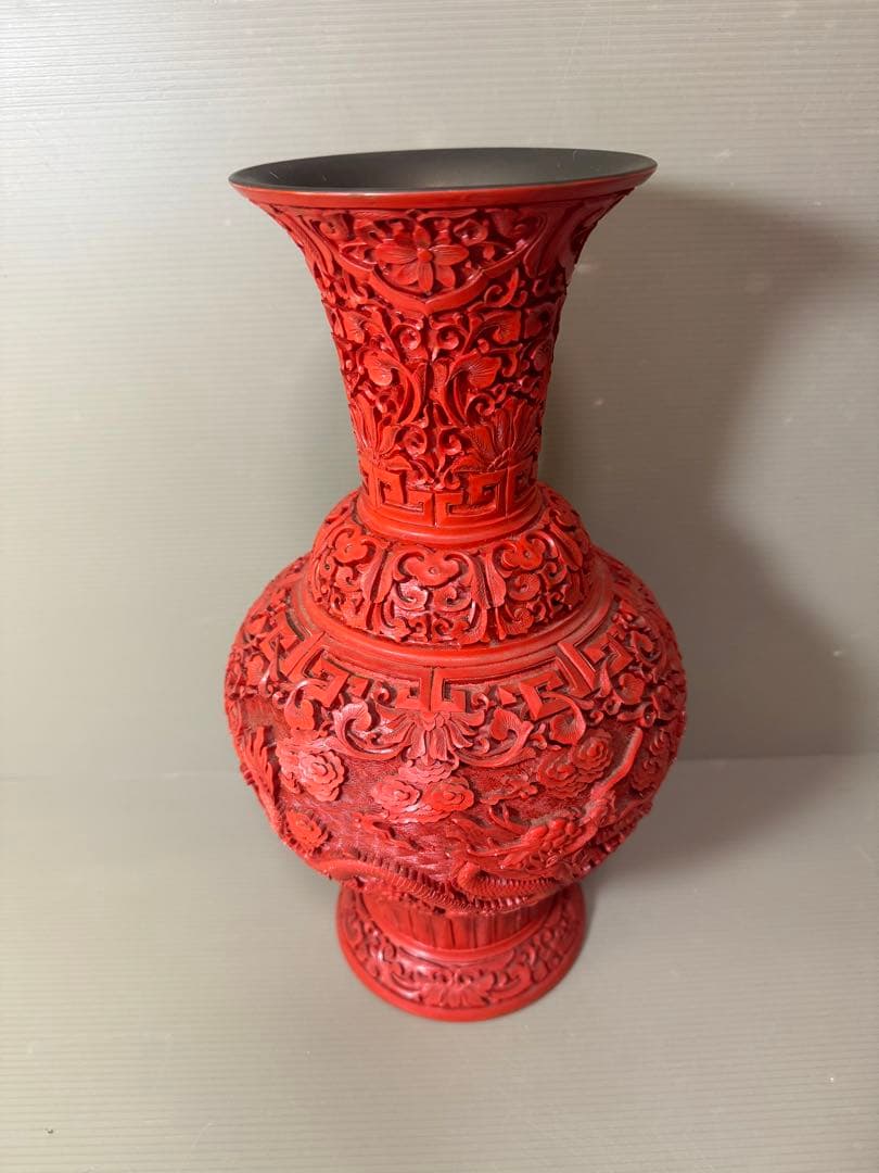 2722 中国美術 漆器 堆朱 剔紅 細密 唐草牡丹雲龍紋 花瓶