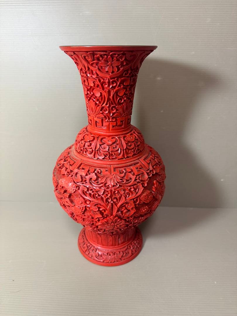 2722 中国美術 漆器 堆朱 剔紅 細密 唐草牡丹雲龍紋 花瓶