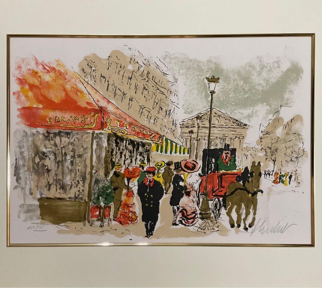 絵画.額縁.版画.リトグラフ.ウルバン・ウシェ.パリの街角,フランス.新品未使用