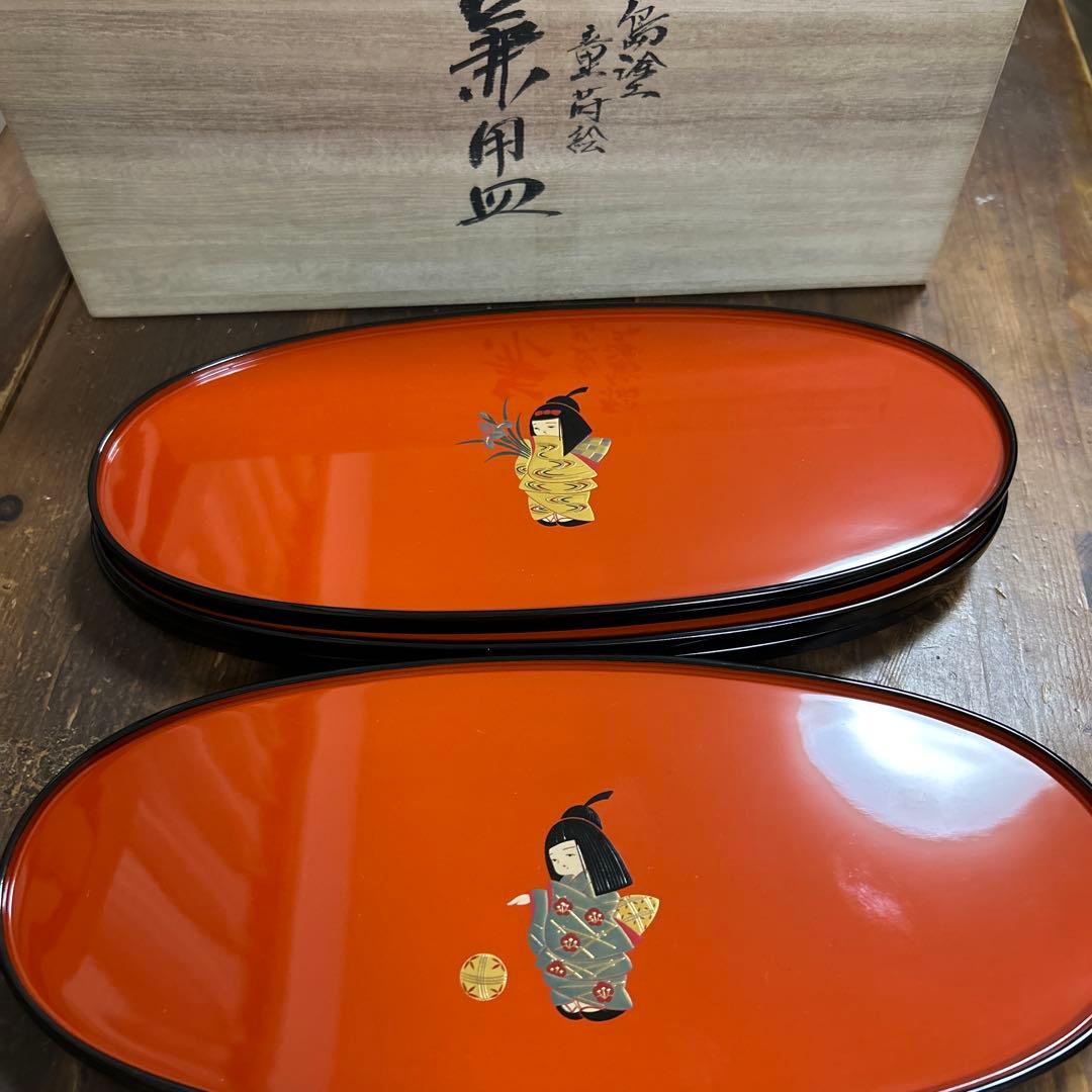 輪島塗　輪島漆器　大雅堂　摂田照彦　兼用皿　童蒔絵　５枚　高級漆器　未使用希少品