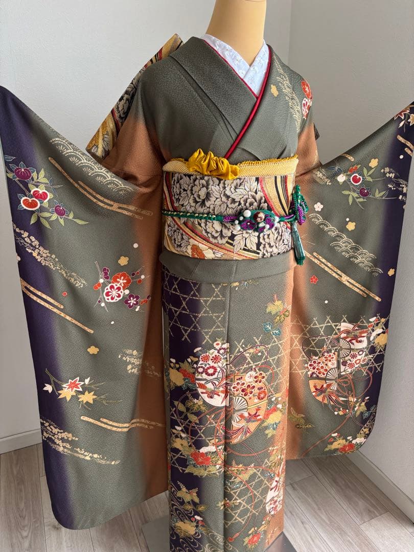 ⭐️振袖フルセット（７点）　正絹振袖　成人式　モスグリーン系