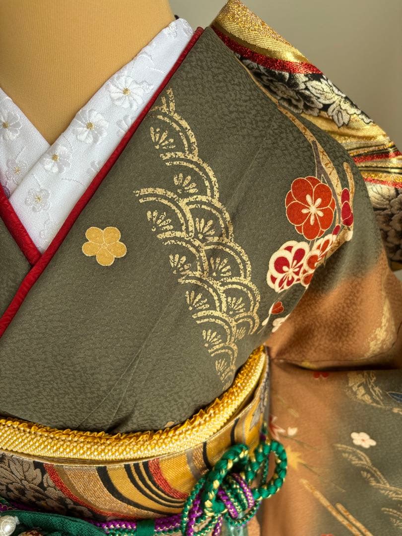 ⭐️振袖フルセット（７点）　正絹振袖　成人式　モスグリーン系