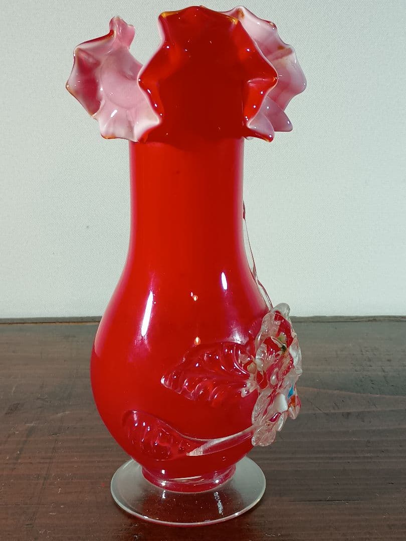 大正ロマン ガラス花瓶 フリルバラ 手作り吹ガラス