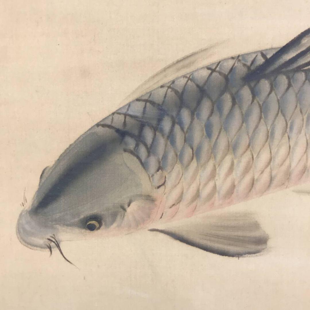 真作/橋本光風/鯉図/游鯉/漆絵/花鳥図/掛軸/名家伝来/AK-599