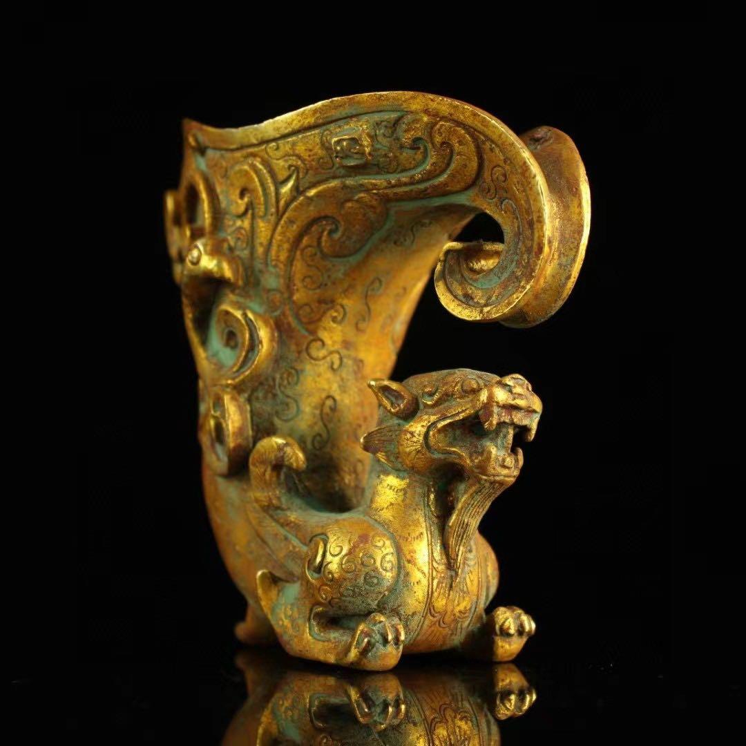 旧蔵、田舎入手、精銅、鎏金爬獣杯