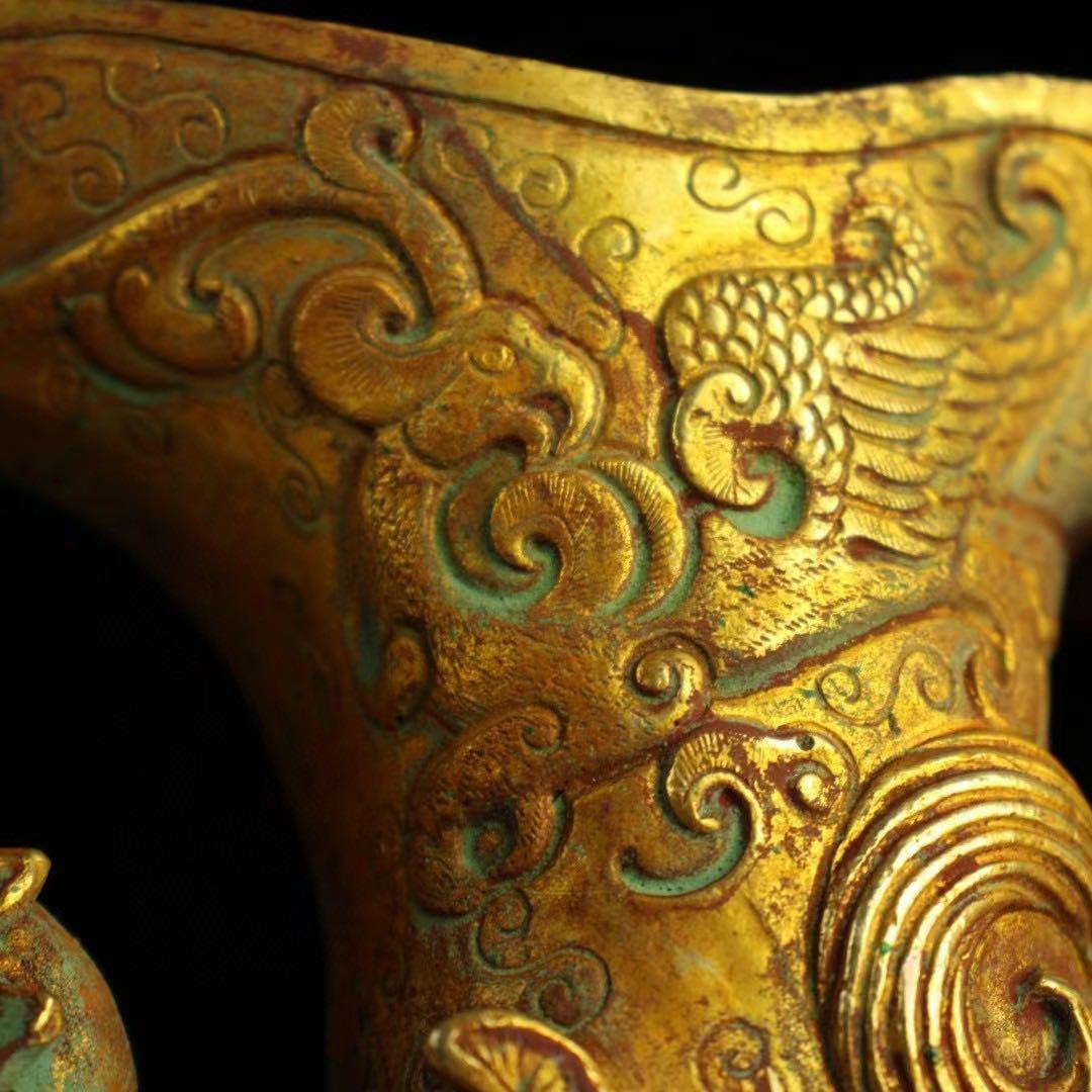 旧蔵、田舎入手、精銅、鎏金爬獣杯