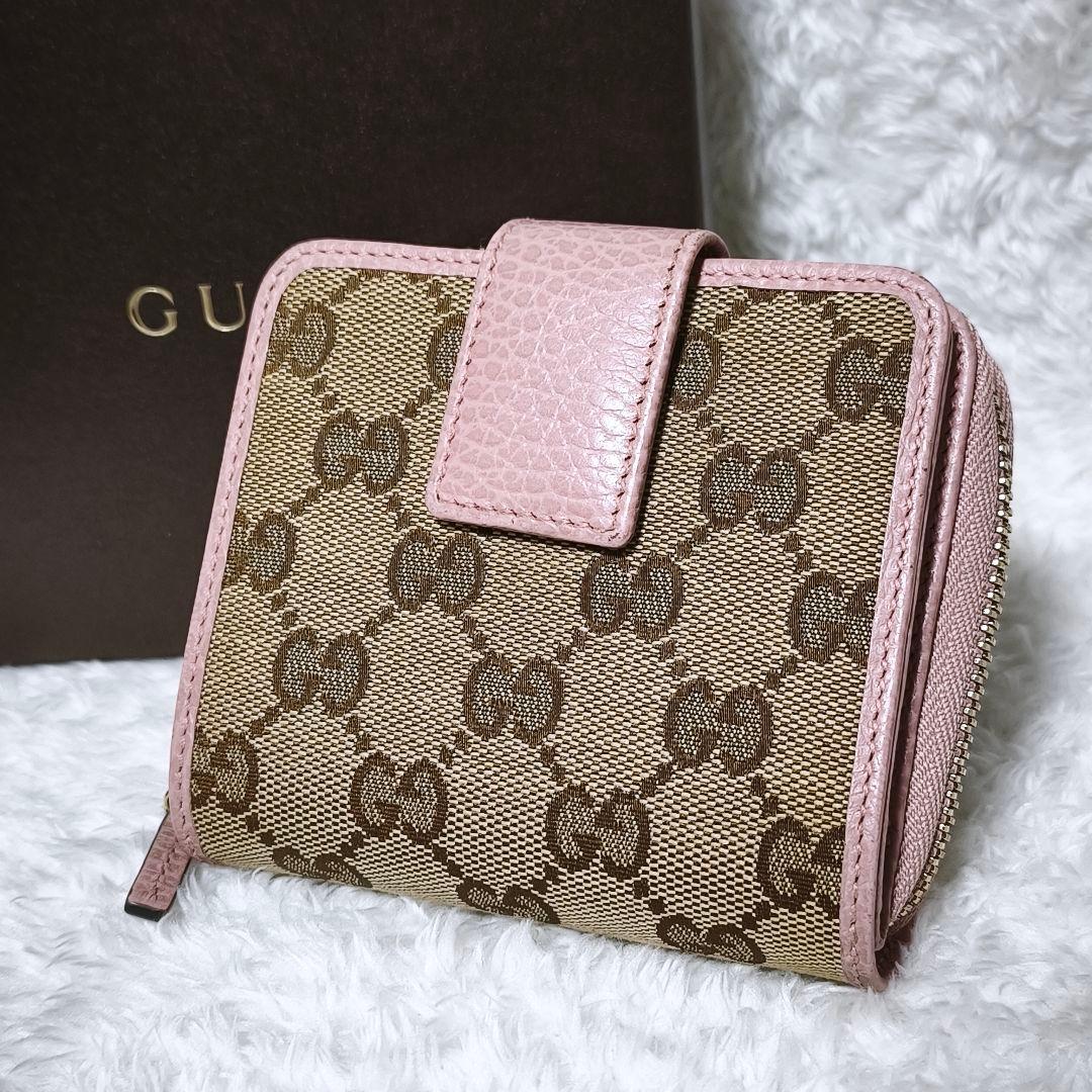 極美品✨ GUCCI GGキャンバス 二つ折り財布 ラウンドジップ ピンク