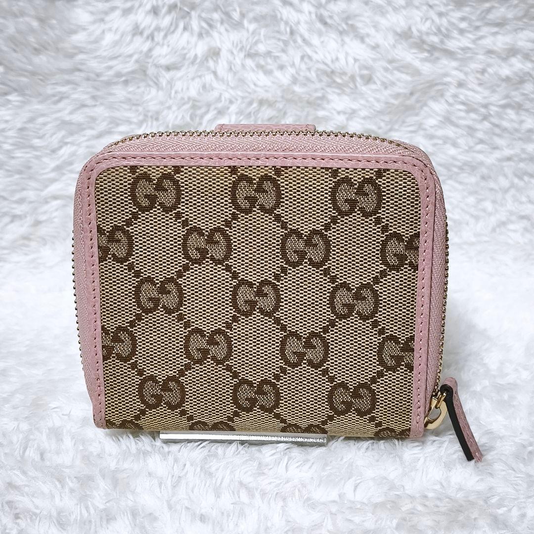 極美品✨ GUCCI GGキャンバス 二つ折り財布 ラウンドジップ ピンク