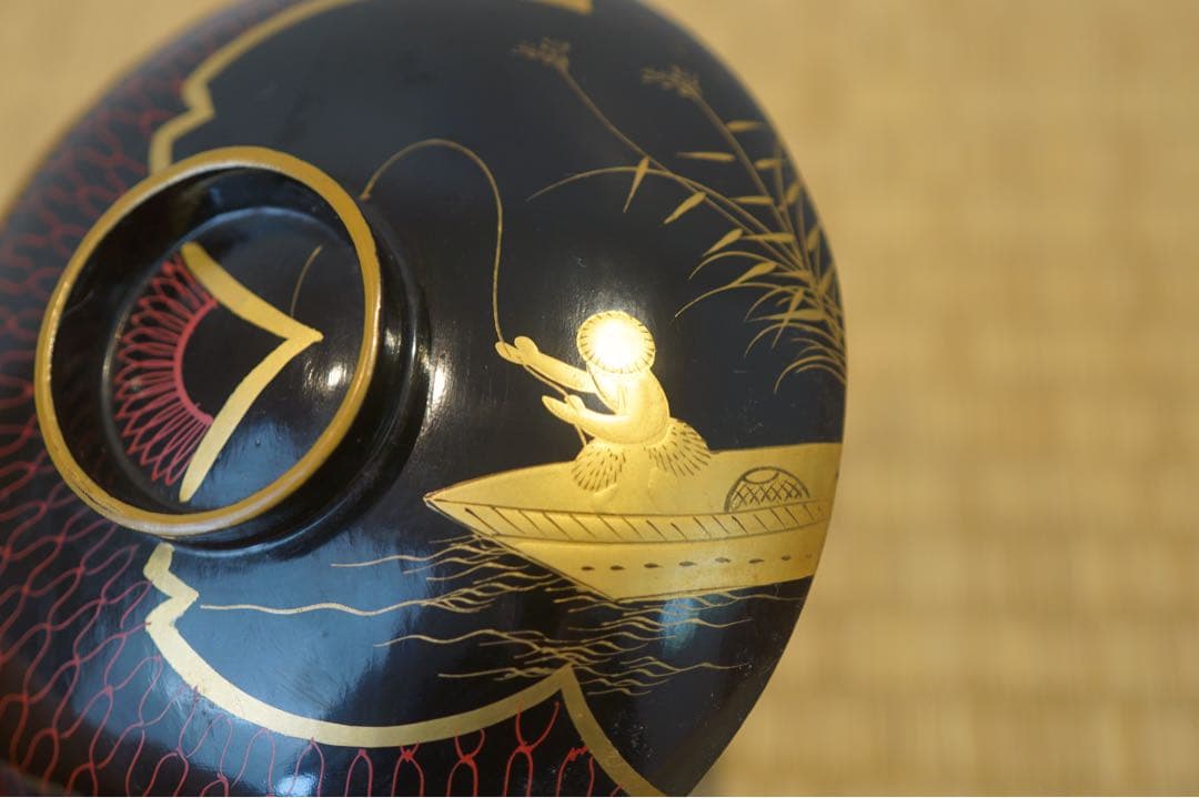 江戸後期 京蒔絵 猟師図蒔絵 波千鳥文 黒漆 吸物椀 2客/ 木製漆器 茶懐石