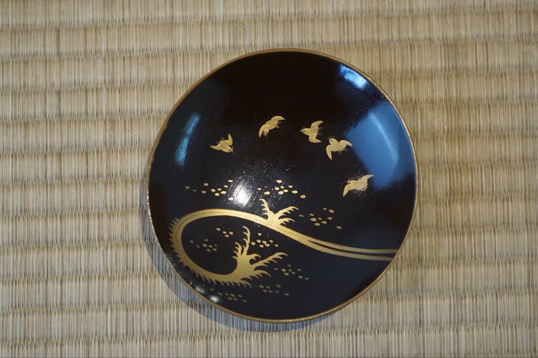 江戸後期 京蒔絵 猟師図蒔絵 波千鳥文 黒漆 吸物椀 2客/ 木製漆器 茶懐石