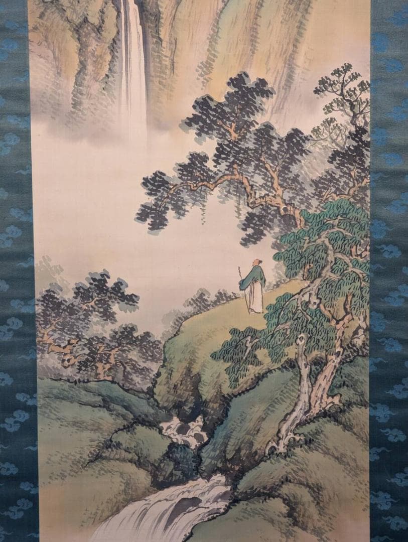 【真作】掛軸　山水高瀑図　文人趣あふれる墨彩山水画　余韻深き一幅　R114