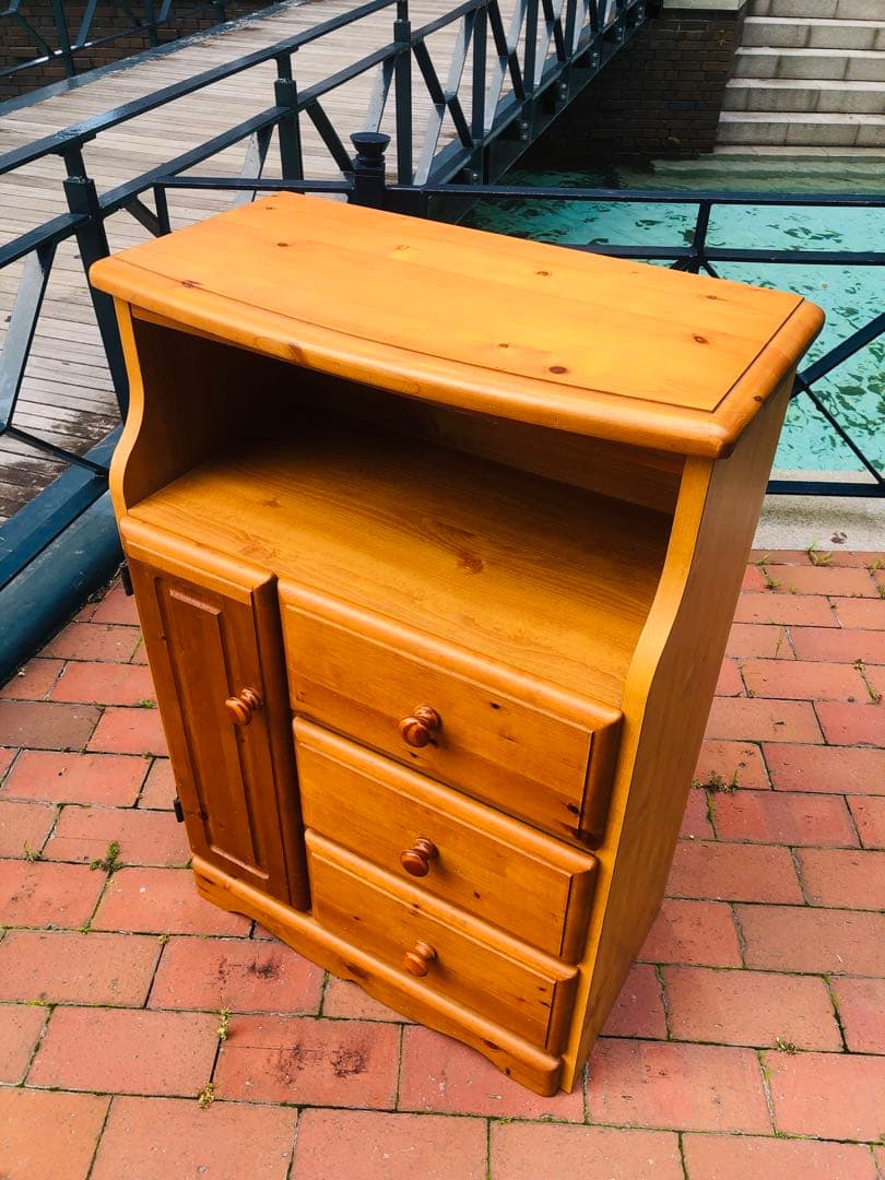 カントリー家具　木製キャビネット 3引き出し 1扉　電話台　花台　チェスト