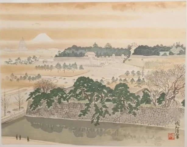 定石塊石版画、宮城と富士 昭和6年出版