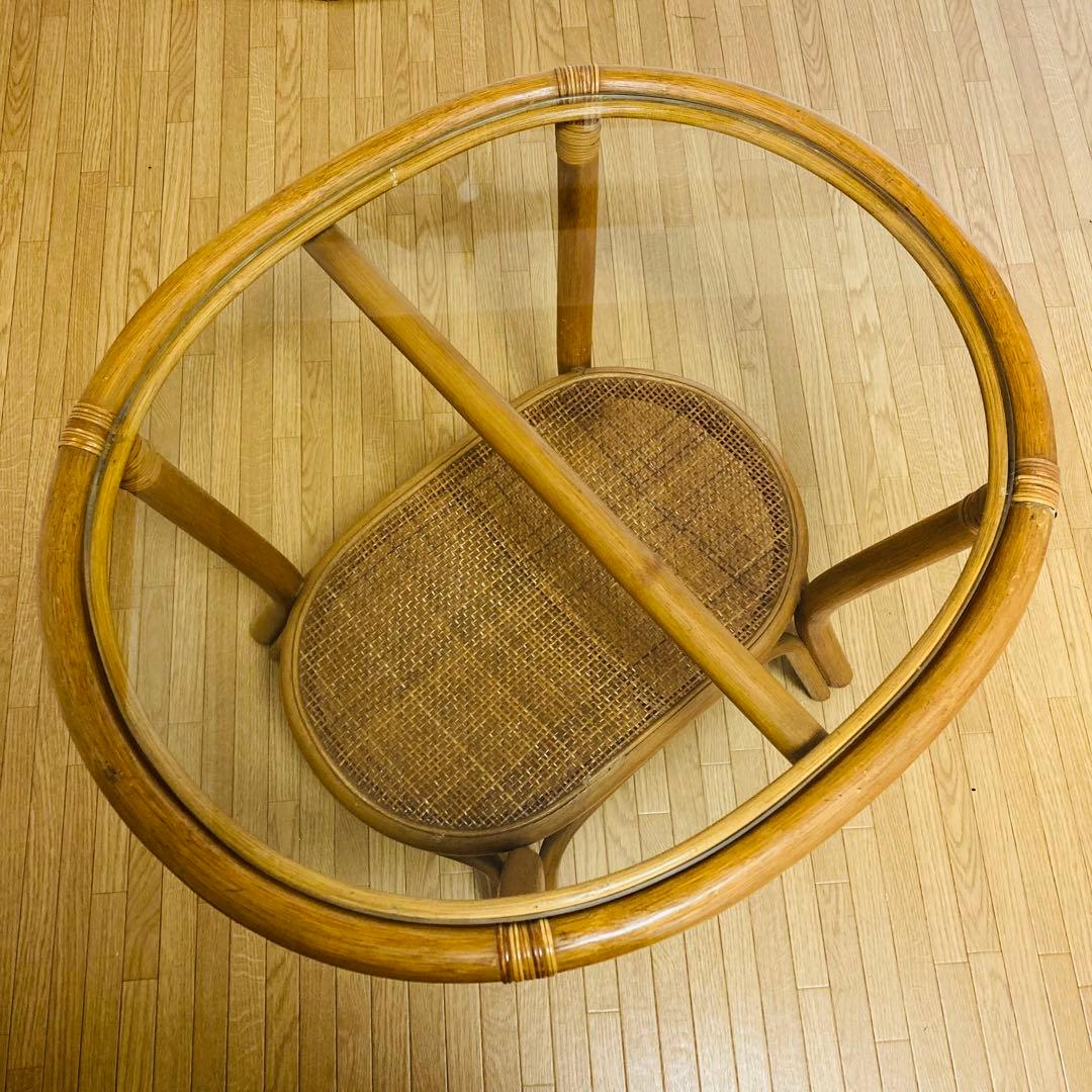 ヴィンテージ　ラタン　ガラス　天然素材　ローテーブル　ガラステーブル