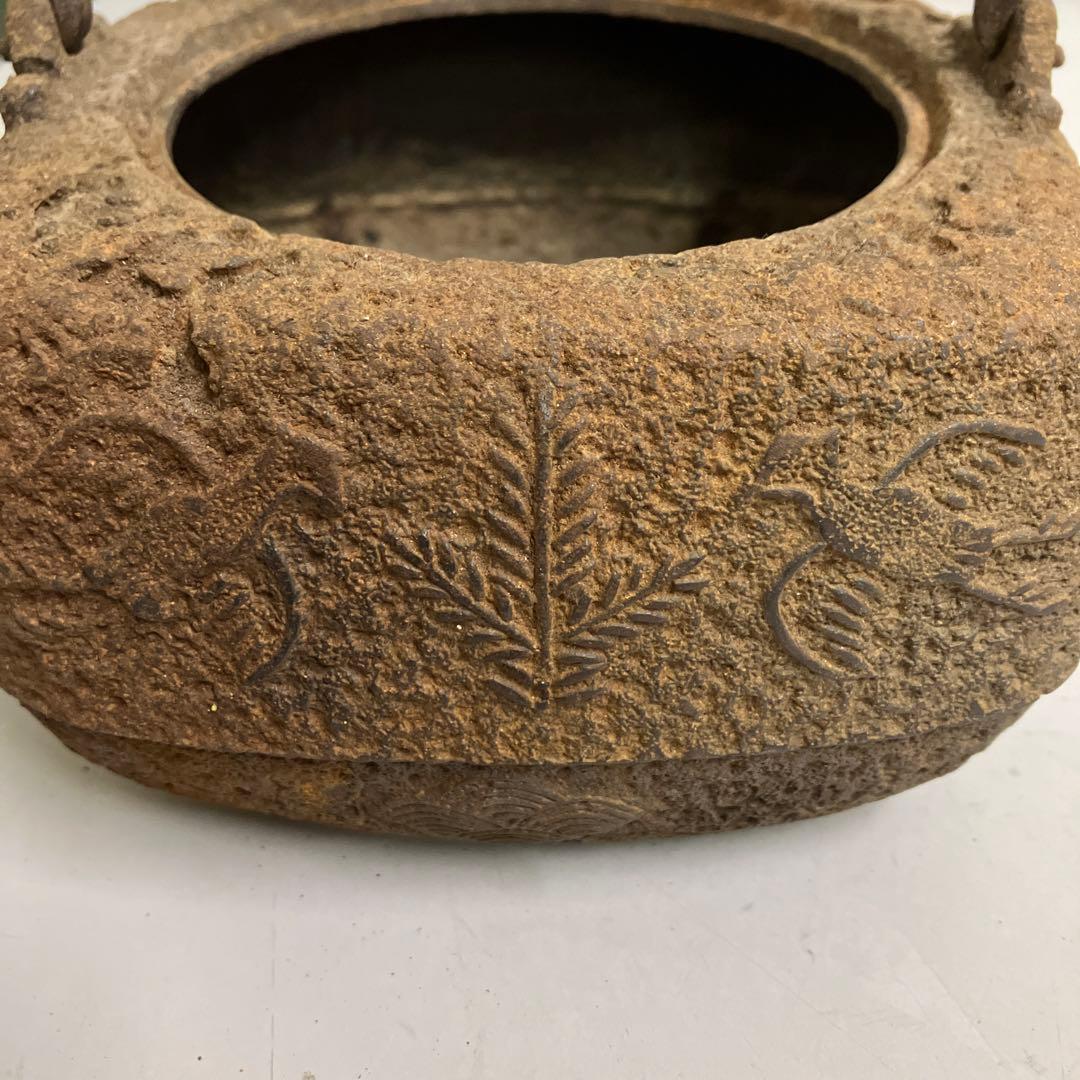 【希少・骨董】南部鉄器 鉄瓶 四角型 鶴笹文 銅蓋 アンティーク 当時物 レトロ