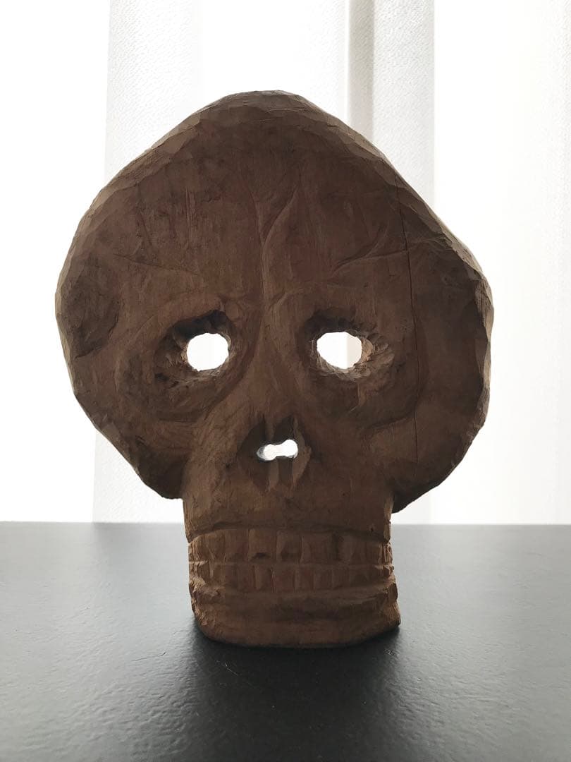 希少 骨董 在銘 髑髏 ドクロ 木彫り 一刀彫り 置物 オブジェ 昭和 時代