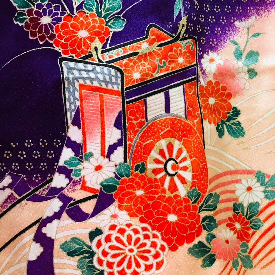 七五三七歳‼正絹豪華紫に裾赤地煌びやか❤️御所車金彩ラメ箔❤️完全フルセット