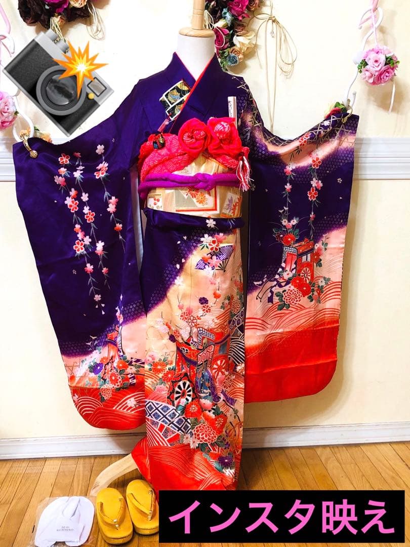 七五三七歳‼正絹豪華紫に裾赤地煌びやか❤️御所車金彩ラメ箔❤️完全フルセット