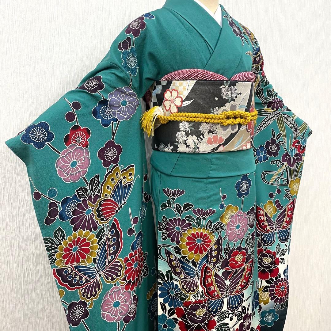 梅乃【159】正絹　振袖　セット　前撮り　成人式　撮影　紅型　青緑　大人　古典