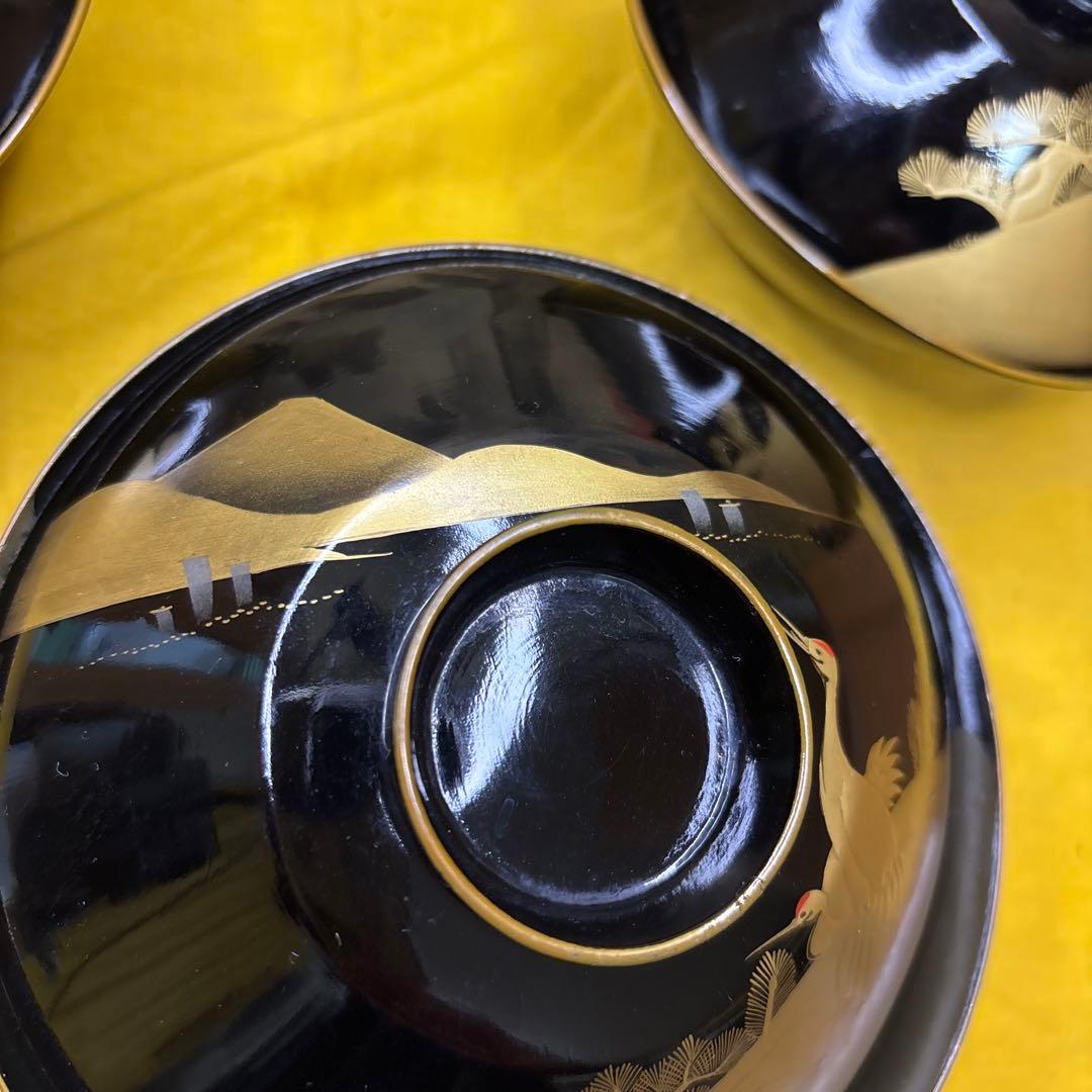 木製漆器椀　金色鶴　金蒔絵　内絵　魚　5客　時代箱　明治時代