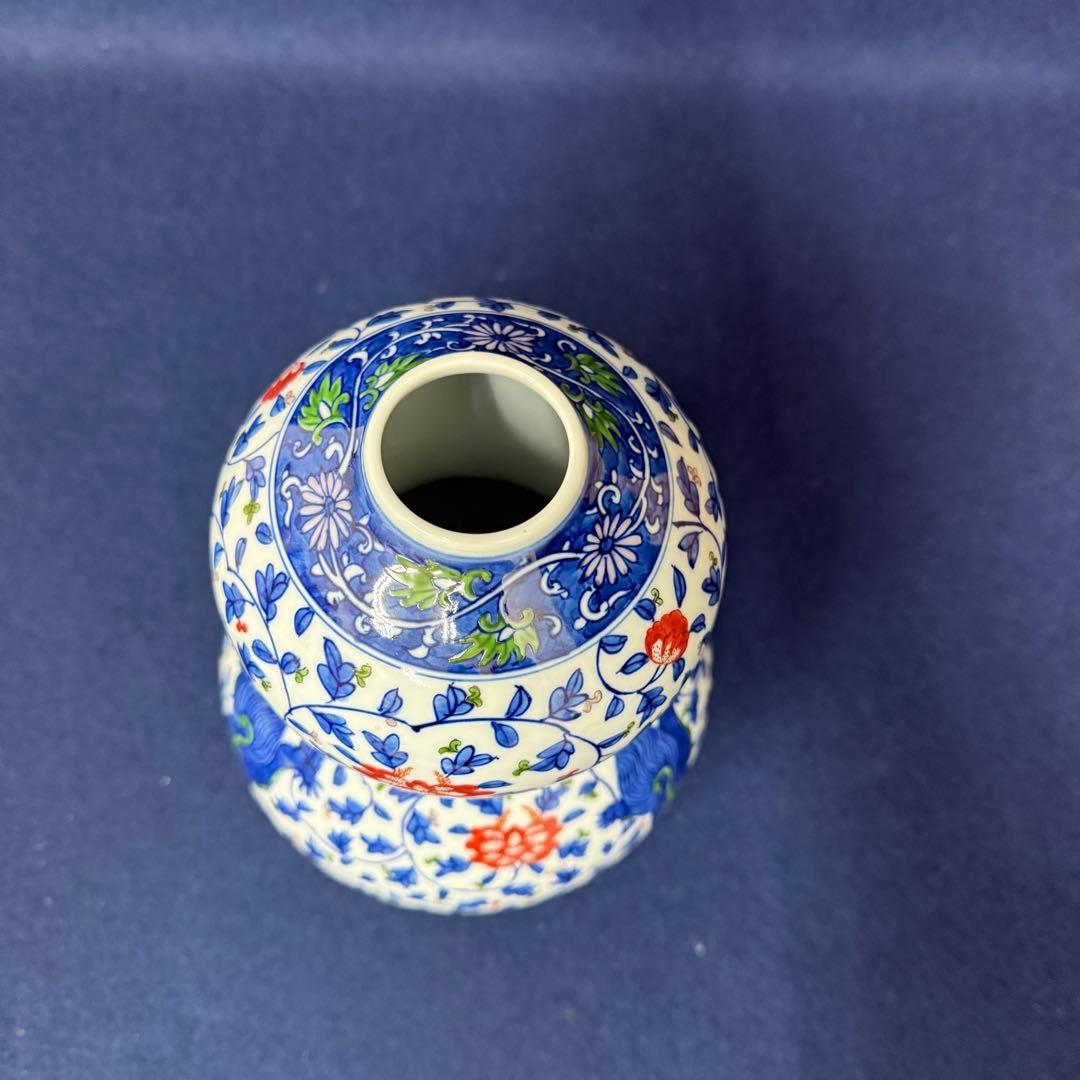 有田焼 源右衛門 染錦牡丹唐獅子 花瓶 一輪挿し 花入 花器 華道具 共箱