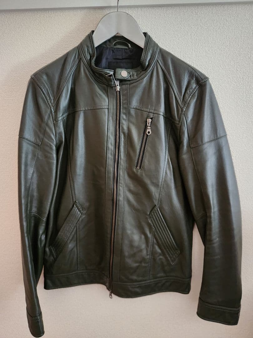 ダークグリーン レザー シングルライダースジャケット