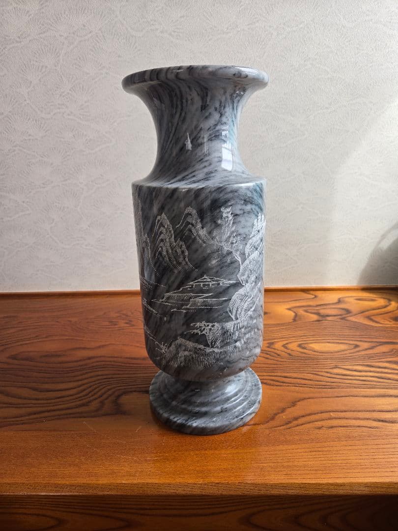 大理石製 山水画彫刻 花瓶