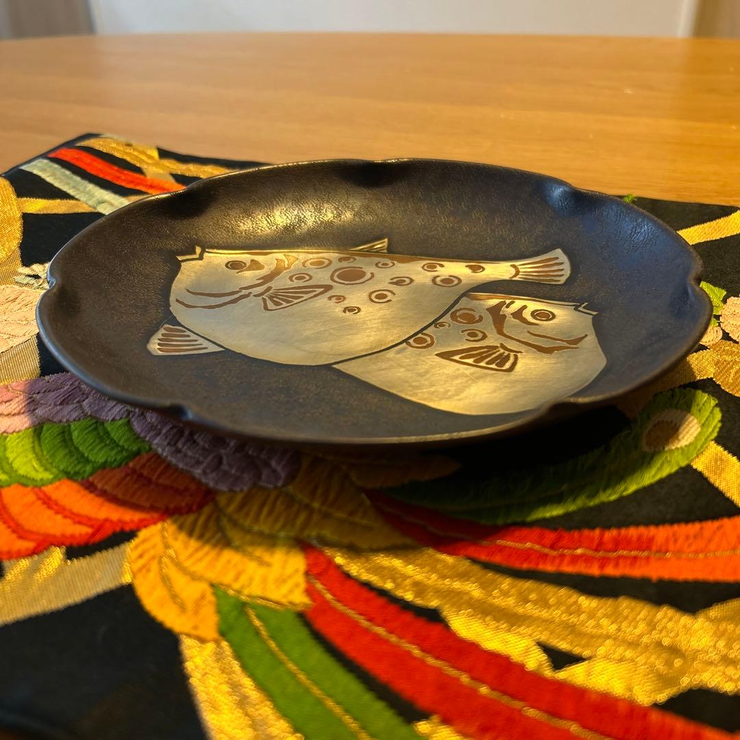 銅製　菓子皿　鎚起銅器　金属工芸品　ふぐ模様