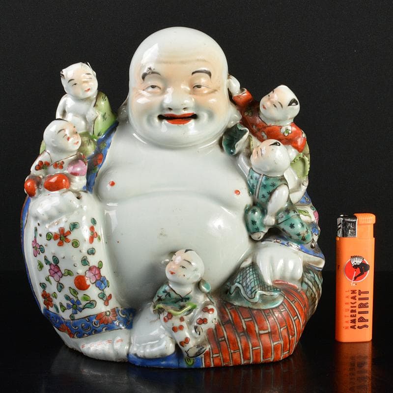 中国　景徳鎮　粉彩　布袋唐子像　置物　H　R6992