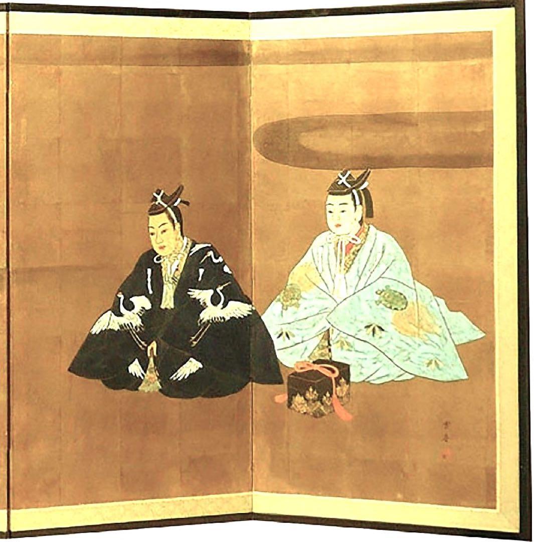 四つ折り屏風　日本画　金箔彩色　能舞い