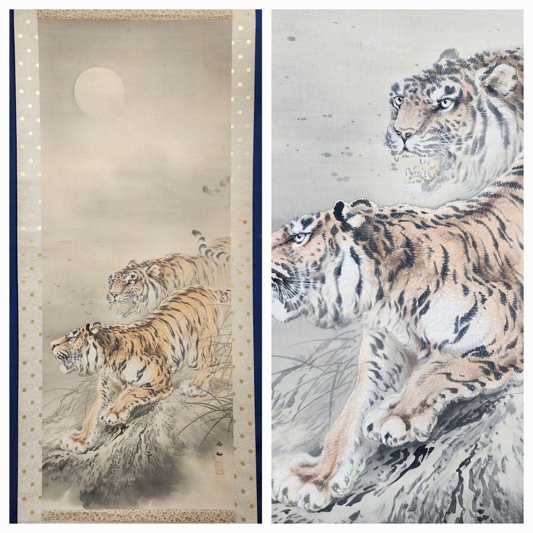 【双猛虎図】三尾呉石 2691 トラ 乕 掛け軸 肉筆