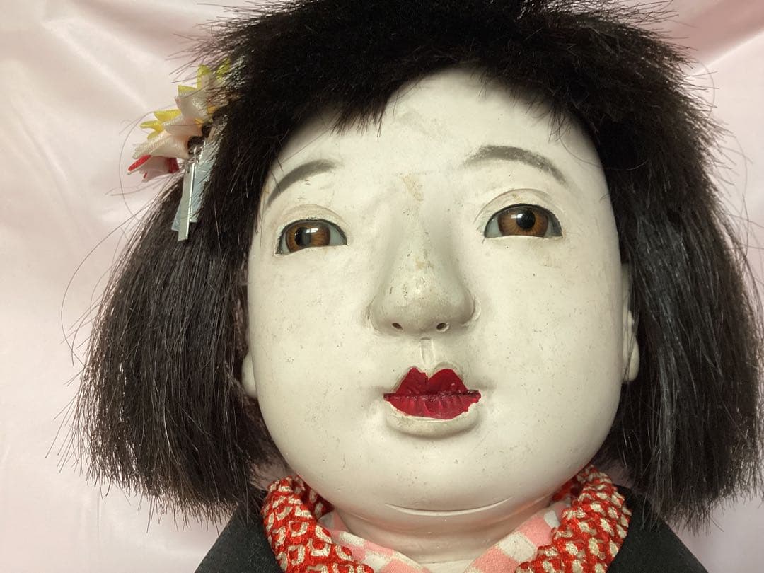 市松人形 ビスクドール昭和レトロ　吹子付き　座布団付　ガラス眼　人毛　抱き人形