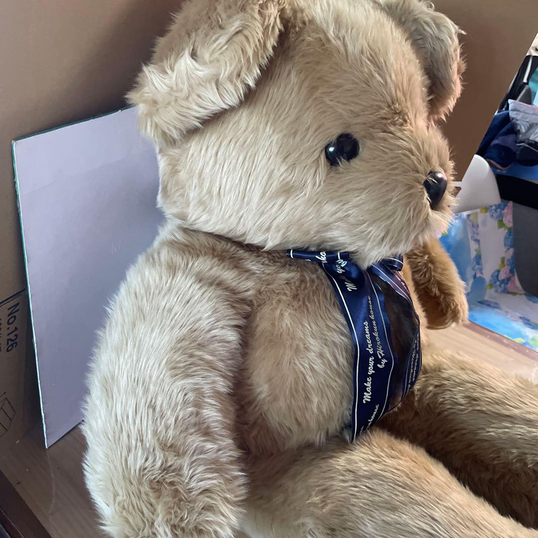 特大テディベアーお座りタイプ青色リボン付きぬいぐるみ