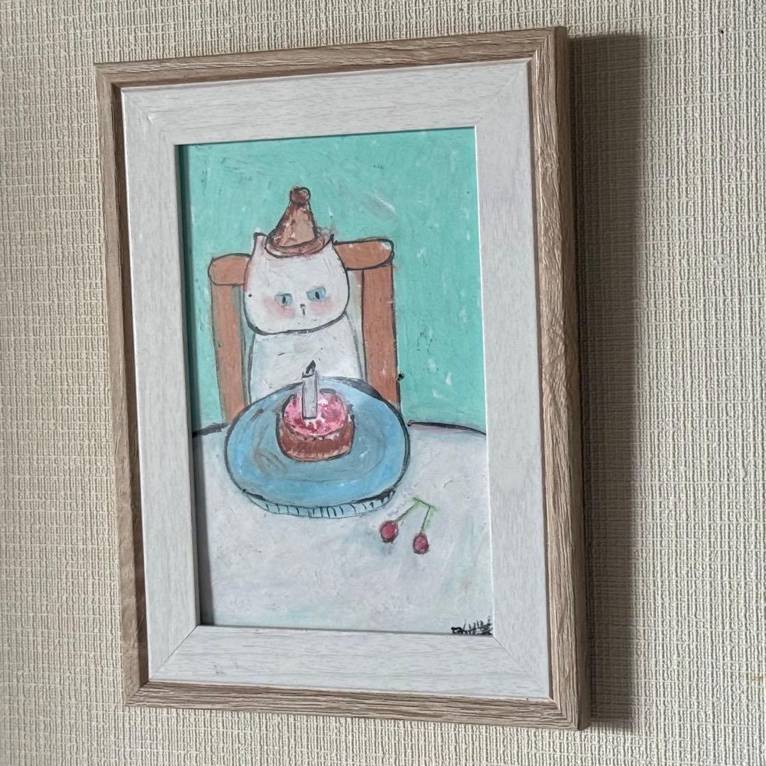 絵画。原画【かわいい白猫の誕生日】