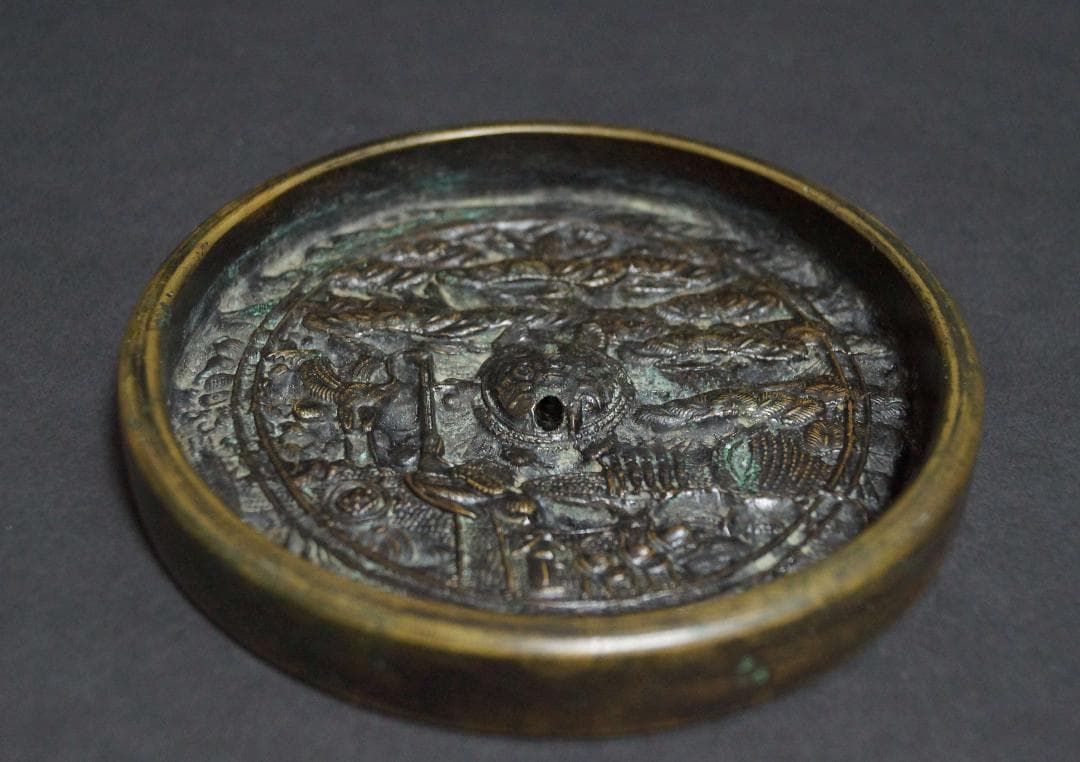 江戸時代 金工細工『鶴亀松文』天下一 古銅鏡 和鏡 古鏡☆時代物☆