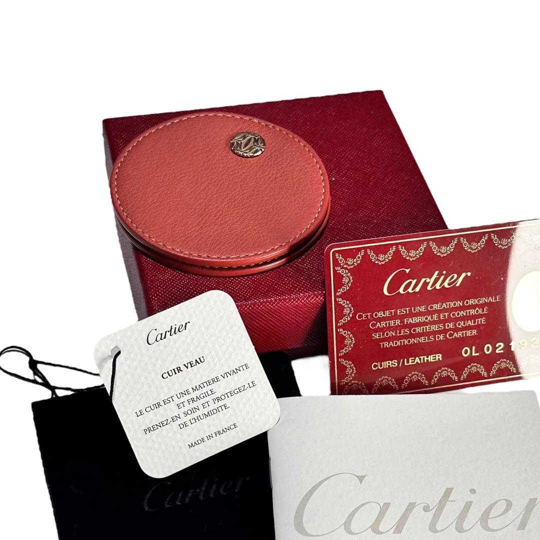 Cartier レザー 円形ミラー オレンジ