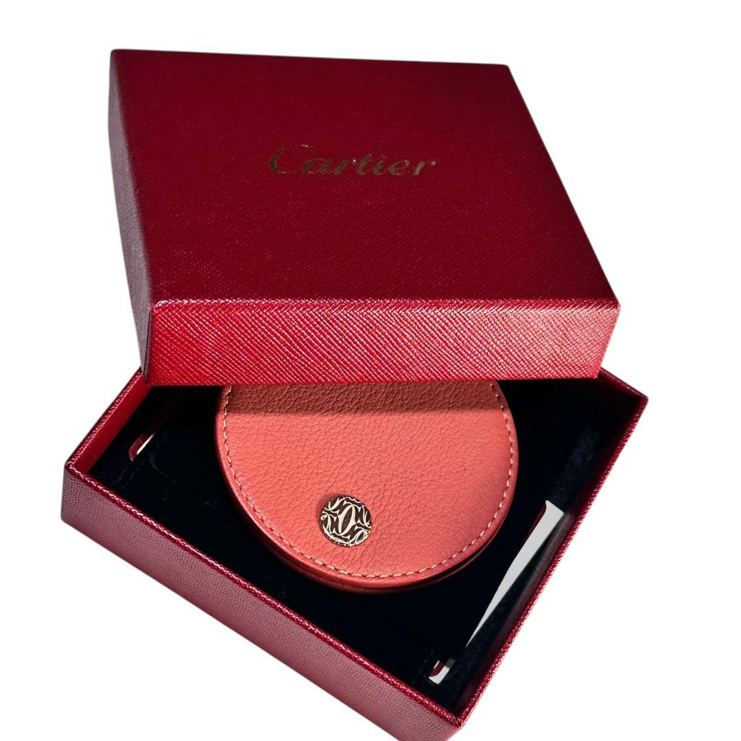 Cartier レザー 円形ミラー オレンジ