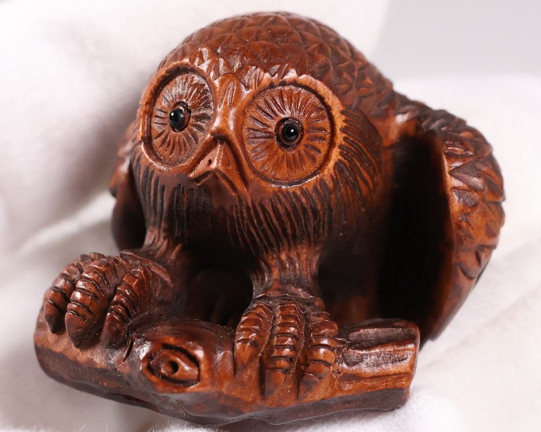 木製 提物 根付 正次(銘) 梟 ふくろう 彫刻 木彫り【MA923】
