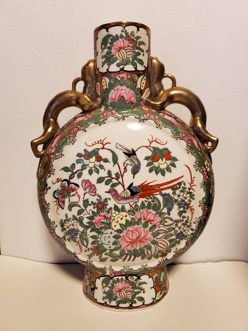 中国古玩　大清乾隆年製　扁壺　粉彩花鳥図双龍耳　花瓶