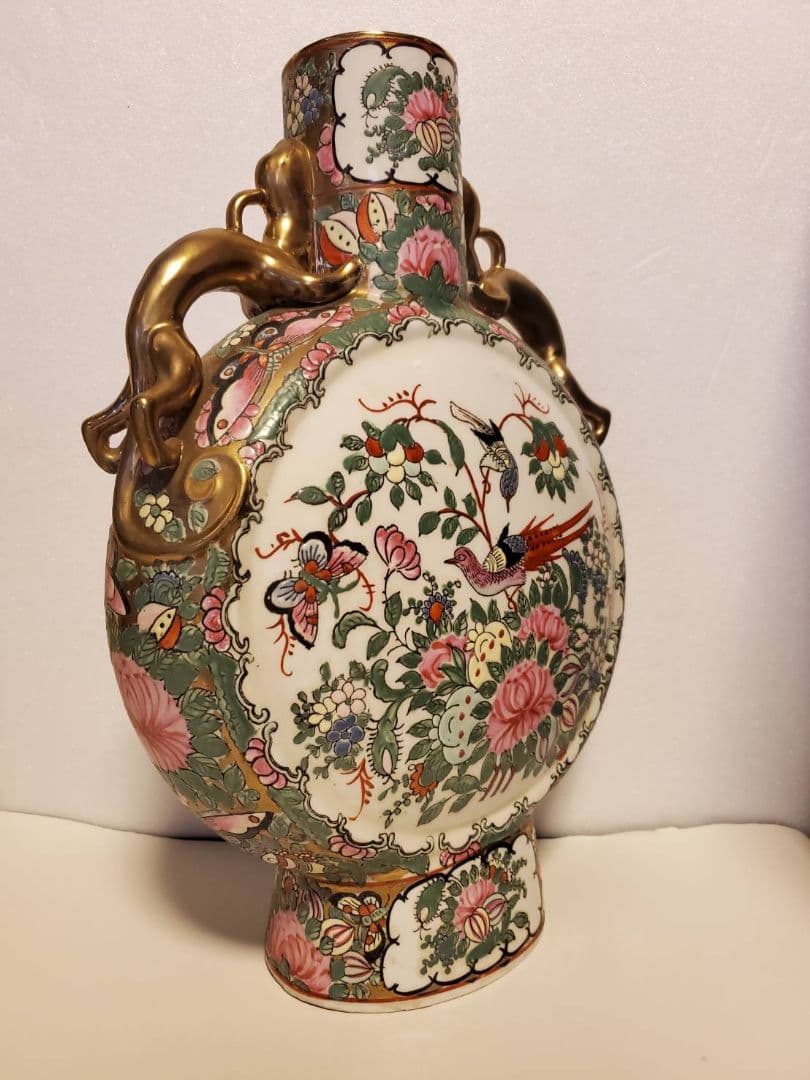 中国古玩　大清乾隆年製　扁壺　粉彩花鳥図双龍耳　花瓶